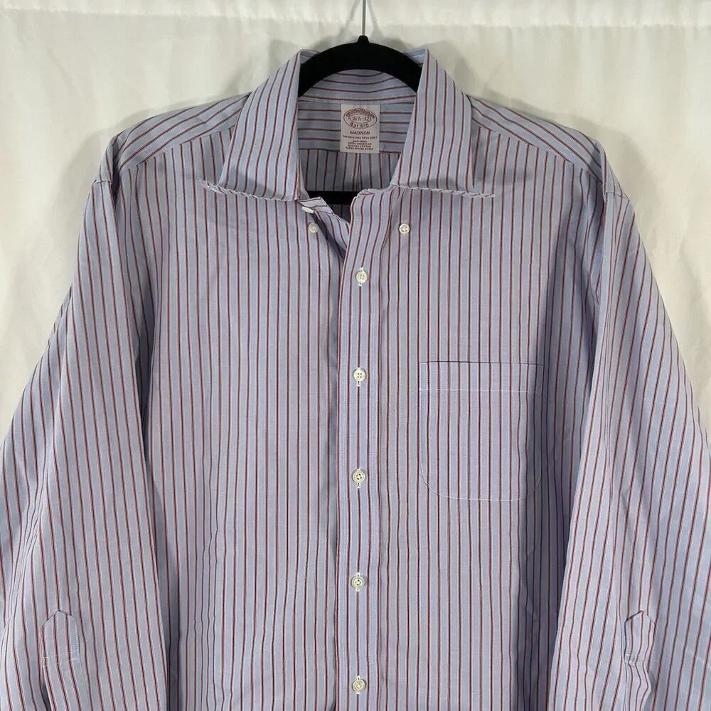 Brooks Brothers Dress Shirt Men's 16.5 32 Blue Striped Madison Button Up Long Sl